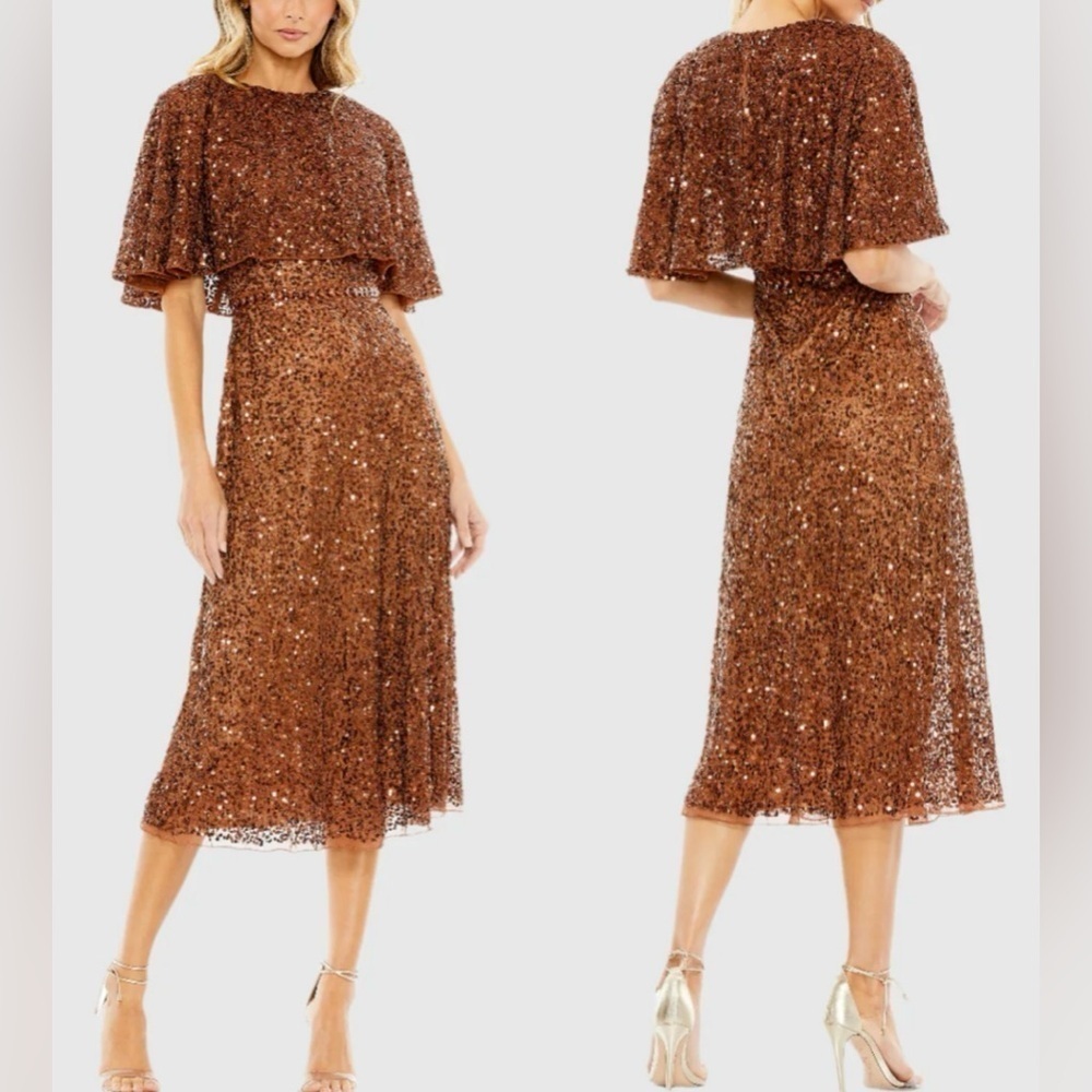 NWOT MAC DUGGAL Embellished Cape High Neck Midi Dress Copper sz 14